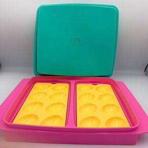 Tupperware Deviled Egg Keeper Set Pink Yellow Teal Lid